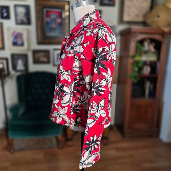 Vintage 90s Brooke Coleman Red Floral Button Front Long Sleeve Hawaiian Jacket - Picture 6 of 8